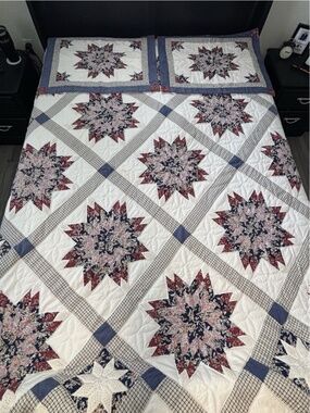 Vintage Cotton Patchwork Full Size Quilt Log Cabin & Star 80x88” & Pillowcases